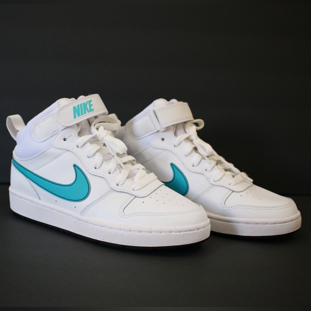 Nike Court Borough Mid 2 sneakers in white with an aquamarine Swoosh logo